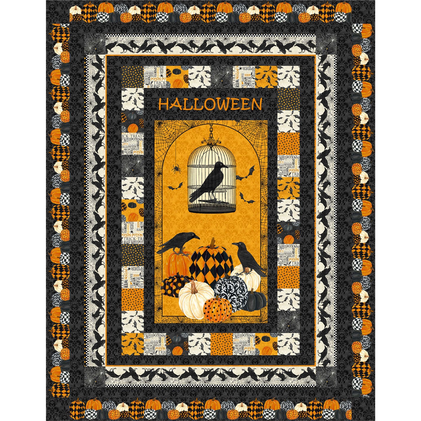 A Halloween-themed quilt featuring main feature of panel showcasing ravens and pumpkins. Bordered by orange, black, and white squares of fun matching Halloween fabrics and bordered by a row of ravens and then pumpkins on the final border.