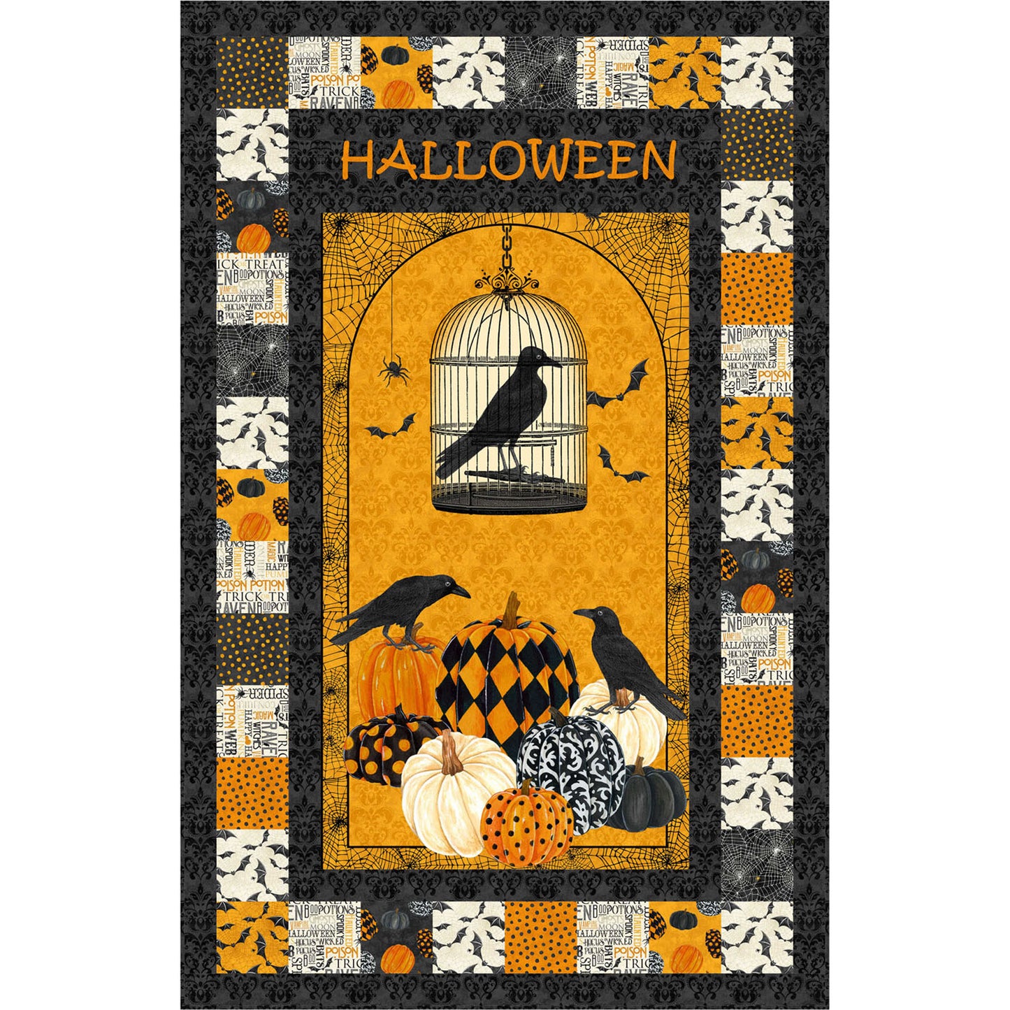 A Halloween-themed quilt wall hanging featuring main feature of panel showcasing ravens and pumpkins. Bordered by orange, black, and white squares of fun matching Halloween fabrics.