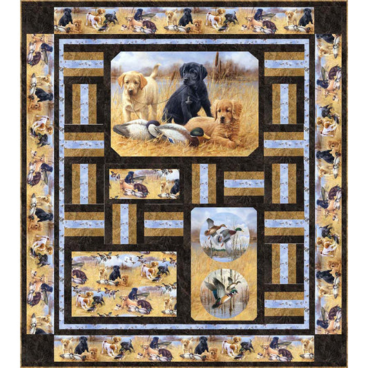 A charming quilt showcasing adorable hunting dogs with their ducks perfect for any hunter or sportsman. Blocks of stripes help showoff the dogs and ducks pieces of the quilt.