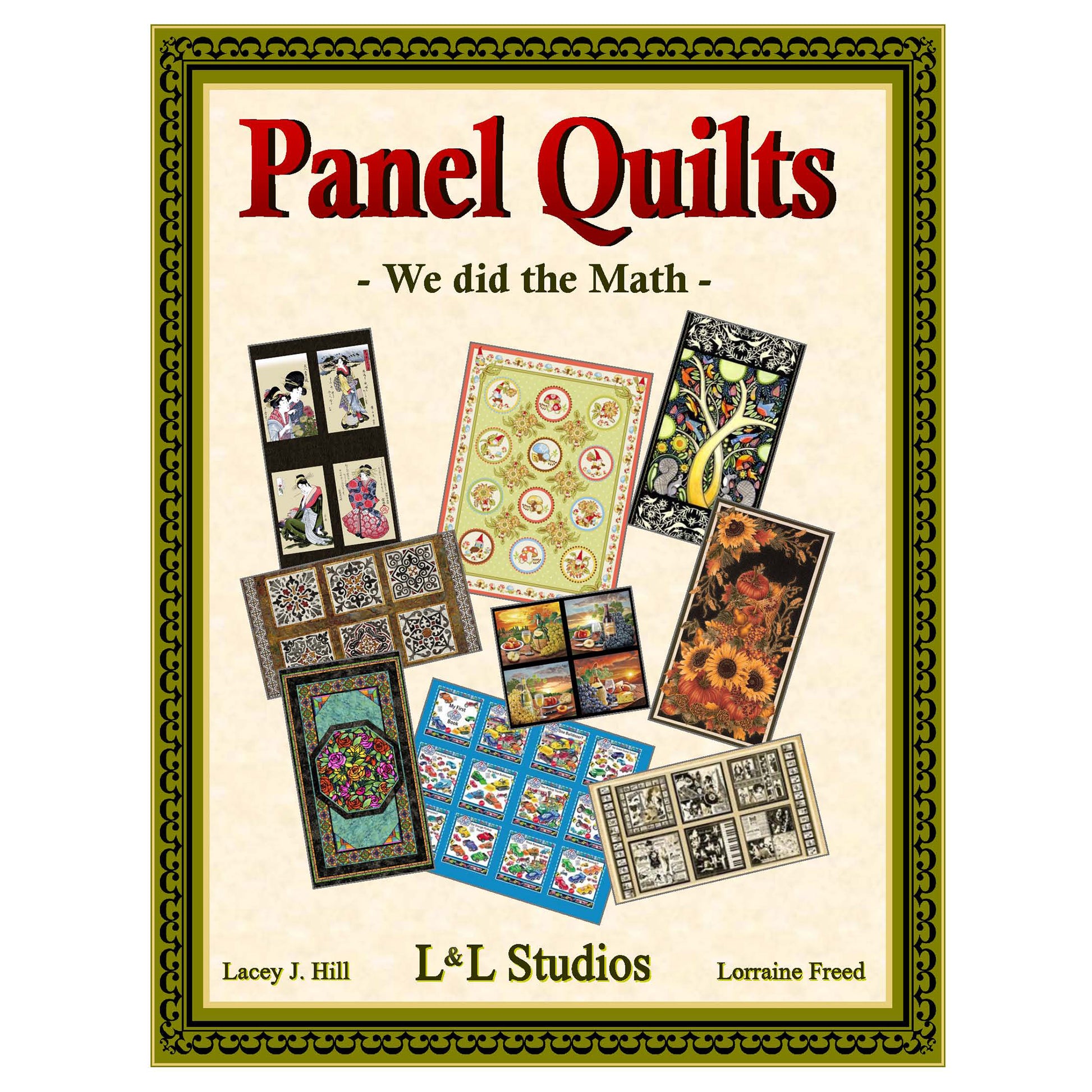 Book showcasing various quilt panels and designs, including different sizes and uses. Suitable for all quilt enthusiasts. 
