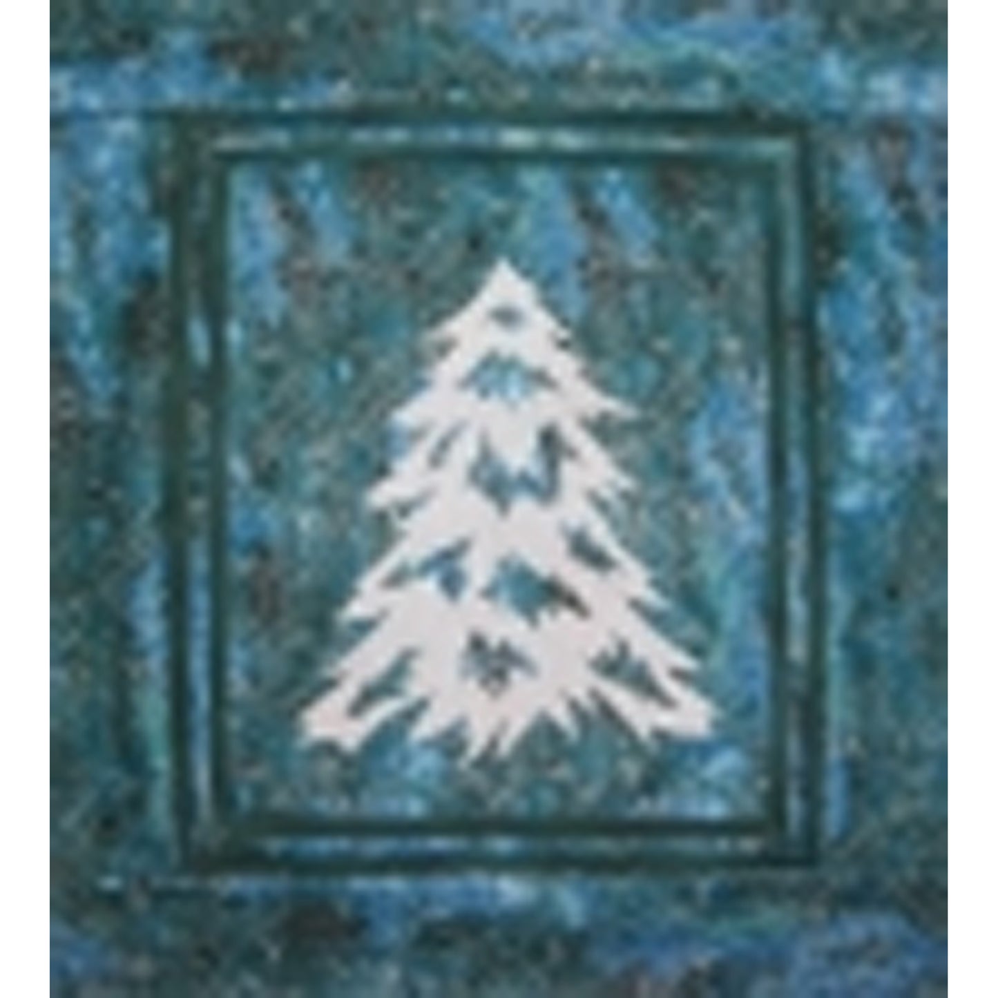 Quilt of a white evergreen tree/outline with snowflakes on a blue-green background.