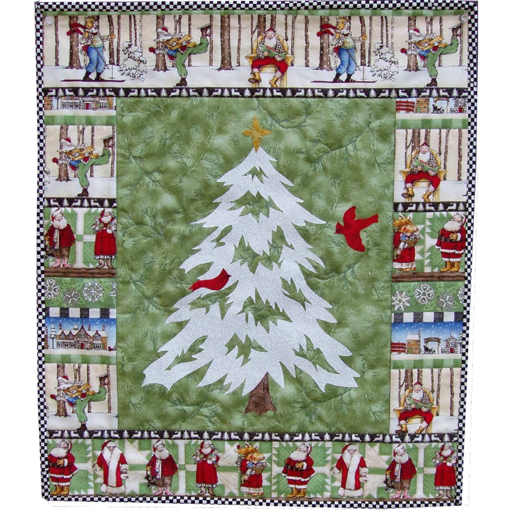 Quilt of a white evergreen tree/outline on a slightly decorative green background and a red bird on one limb and one in the air. Bordered by fun Santa prints.