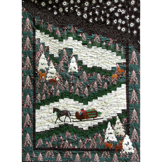 A Quilt featuring a horse and sleigh on a snowy trail through the woods with some deer.