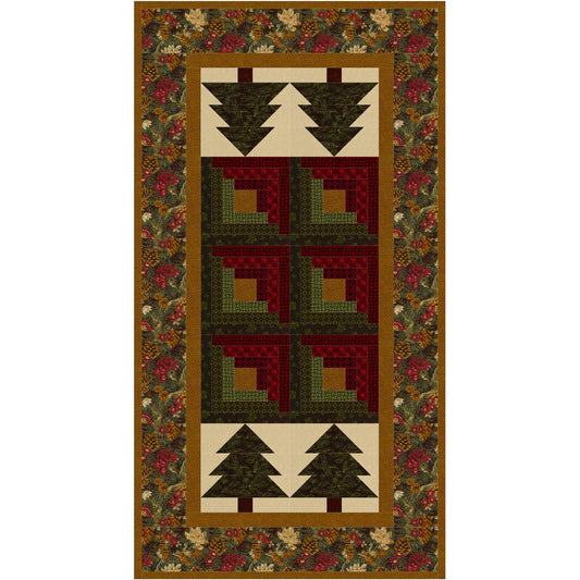Cozy up by the fire with this quilted table runner, featuring log cabin and evergreen tree blocks. Change the border fabric for a festive Christmas look!