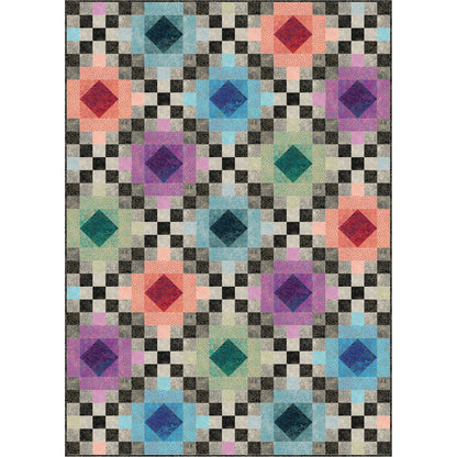 Colorful quilt with squares and diamonds, showcasing intricate patterns and vibrant hues.