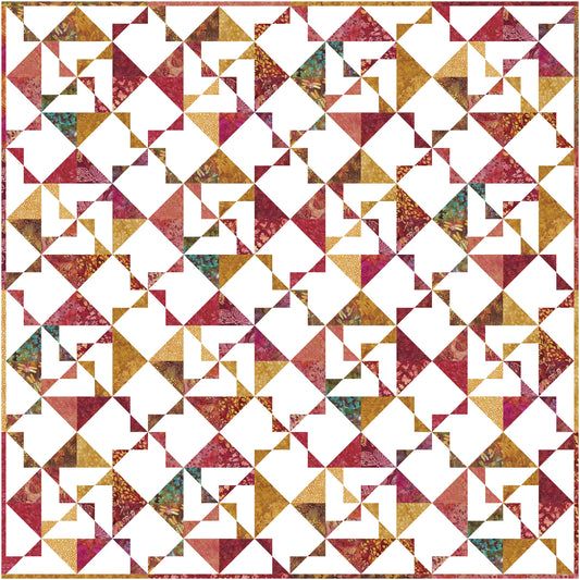 A vibrant quilt showcasing a captivating design of pinwheel blocks in red, yellow, and green hues.