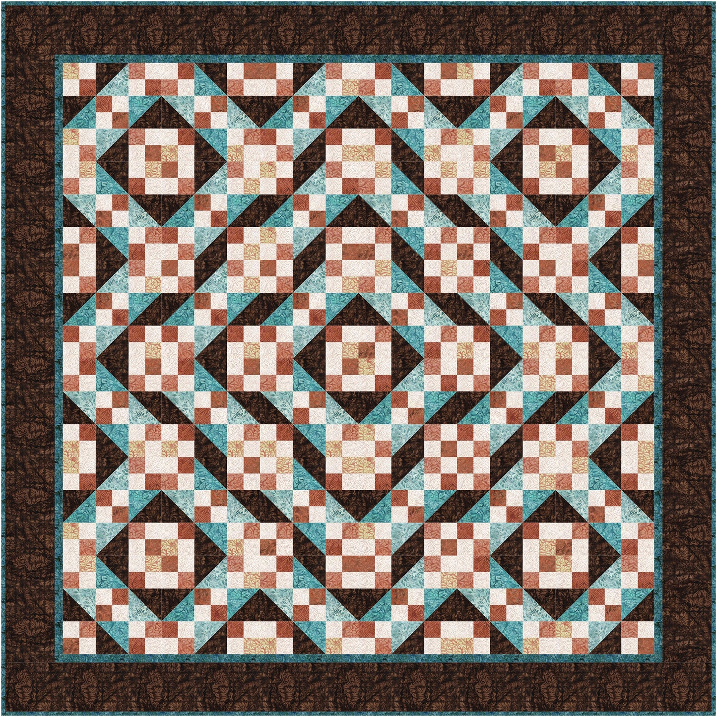 A colorful quilt with a square design featuring intricate patterns and vibrant colors in browns, creams, and teal.