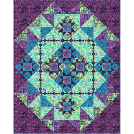 Whimsical geometric quilt pattern in purples and teals.