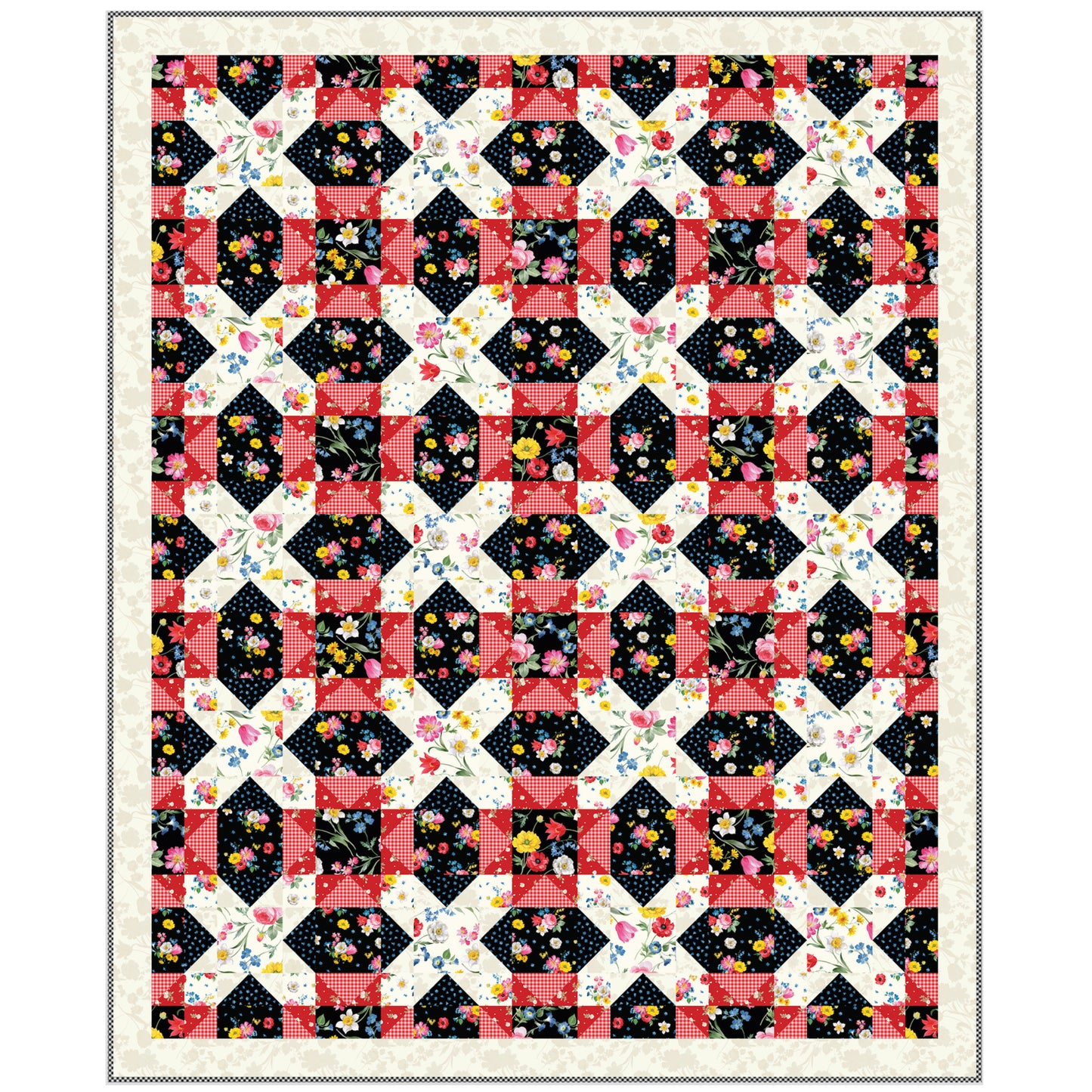 Vibrant Red and black floral quilt with blocks of X-s like trellises.