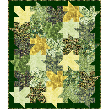 Beautiful lap-sized quilt of colorful leaves in greens and yellow on a dark green background. Like jumping into a pile of leaves.