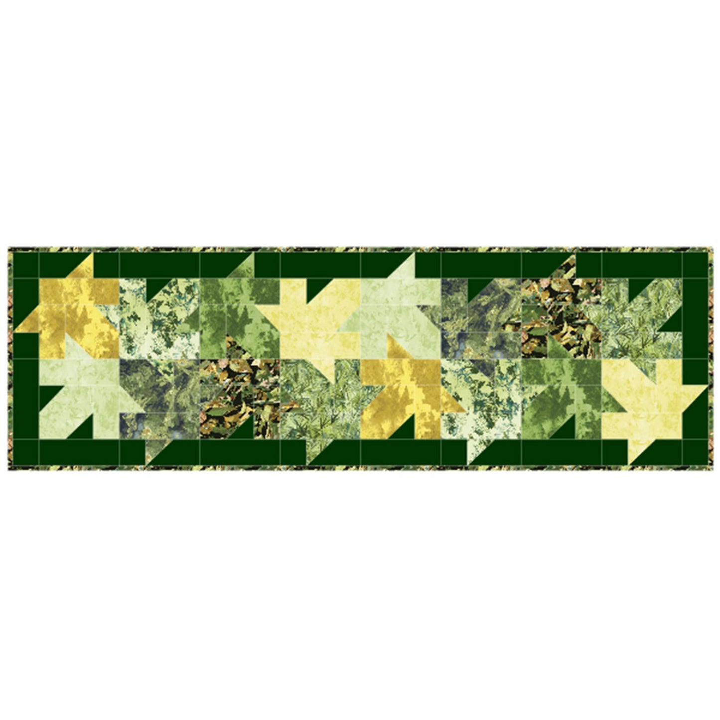 Beautiful bed or table runner covered in green and yellow leaves with a dark green border.