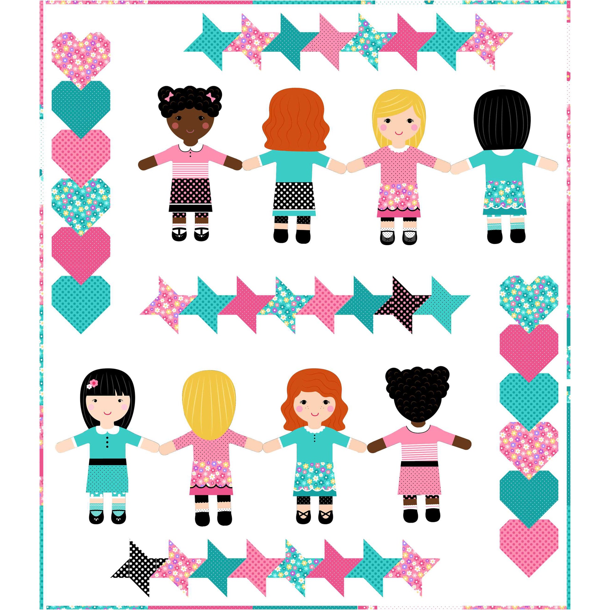 Colorful quilt with children and hearts design, perfect for a child's bedroom decor.