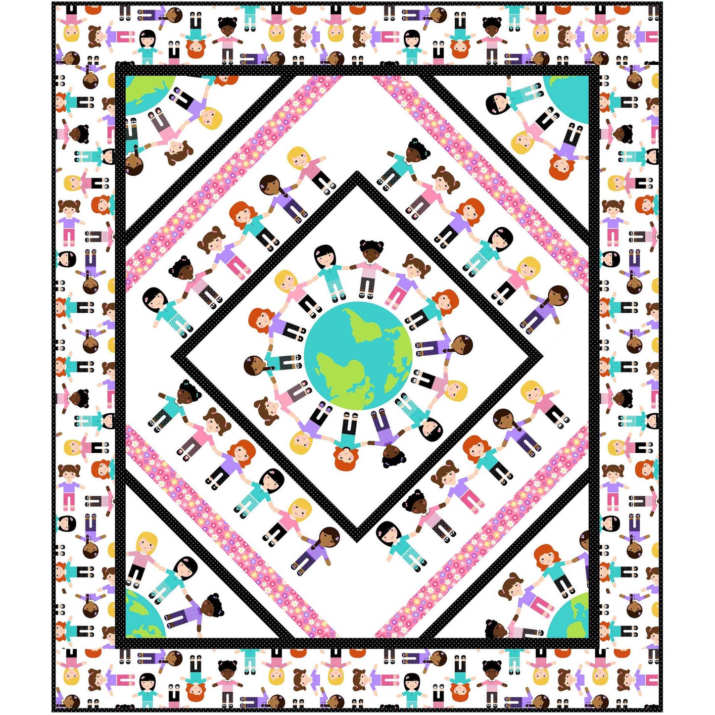 Children around the world colorful quilt with children and the earth design, perfect for a child's bedroom decor.