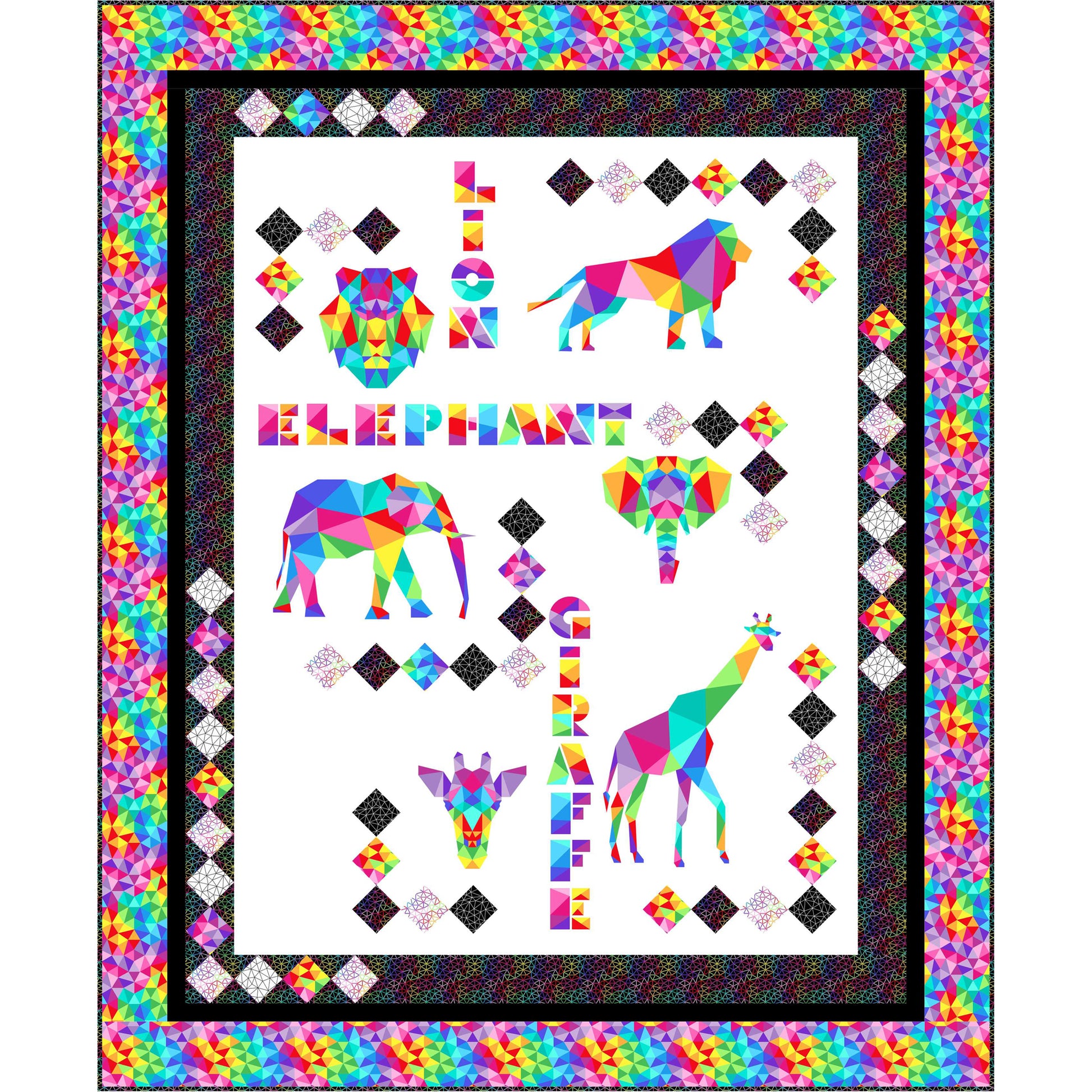 Colorful animals quilt has animals which look like stained glass in bright colors. Animals include a lion, elephant, and giraffe. Names and heads also shown.