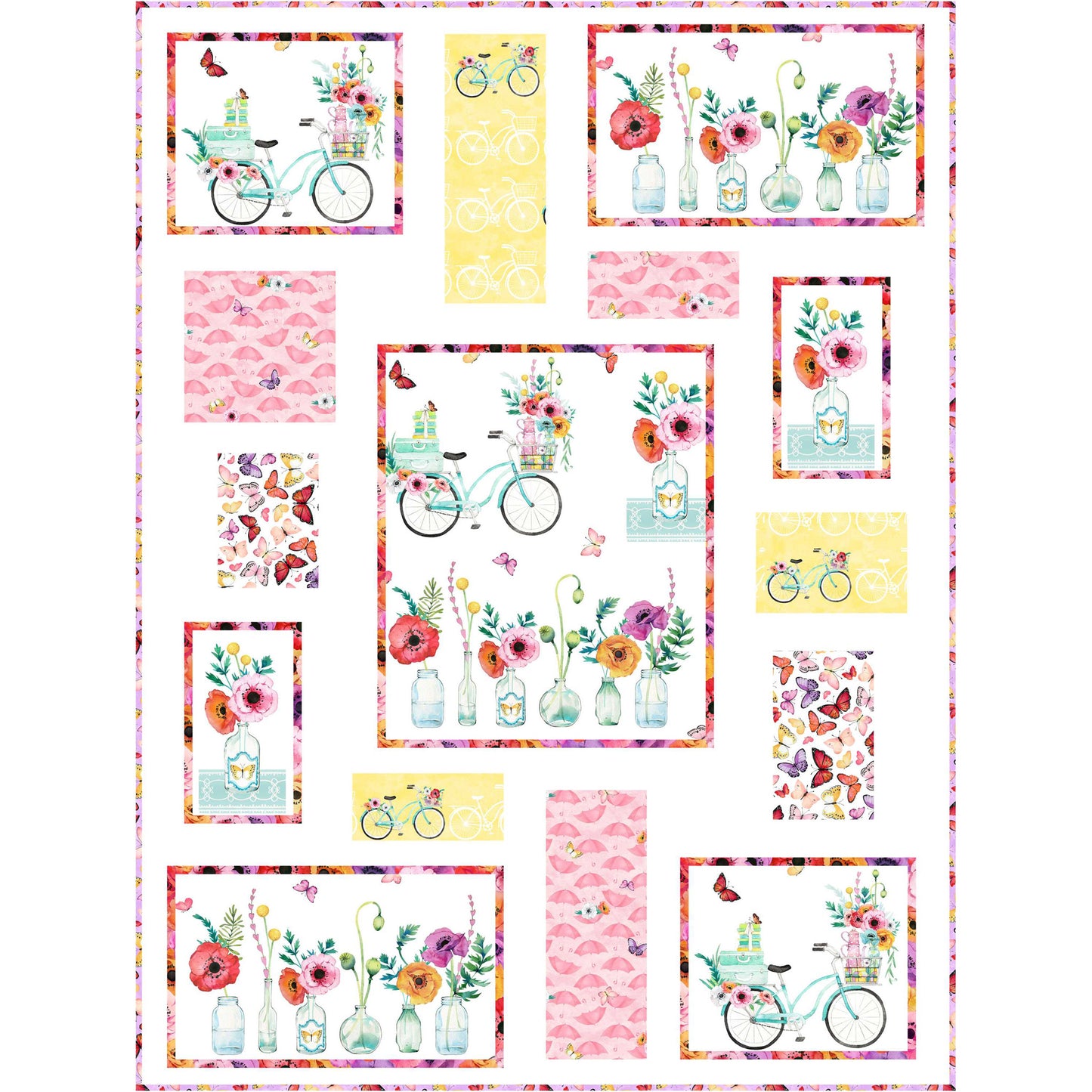 Colorful quilt with flowers and bicycles in pretty pinks and blues with a white background.