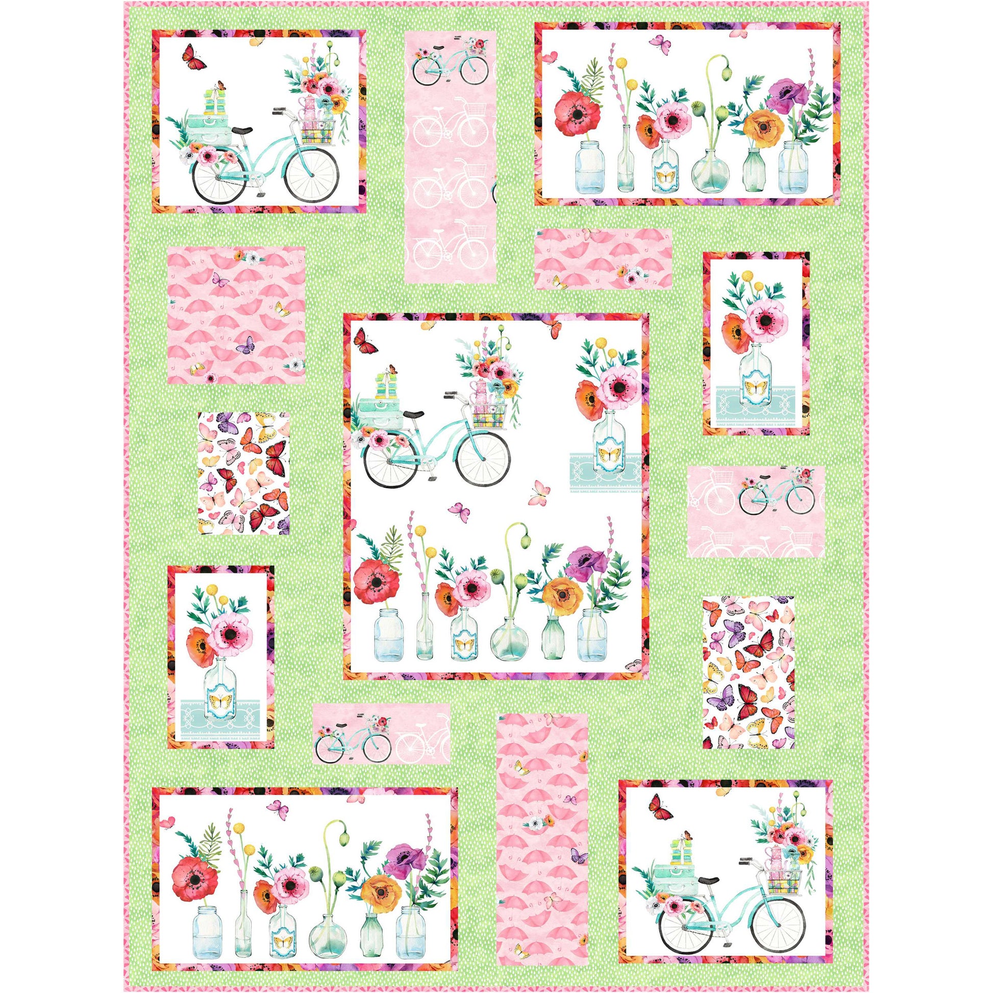 Colorful quilt with flowers and bicycles in pretty pinks and green with a green background.