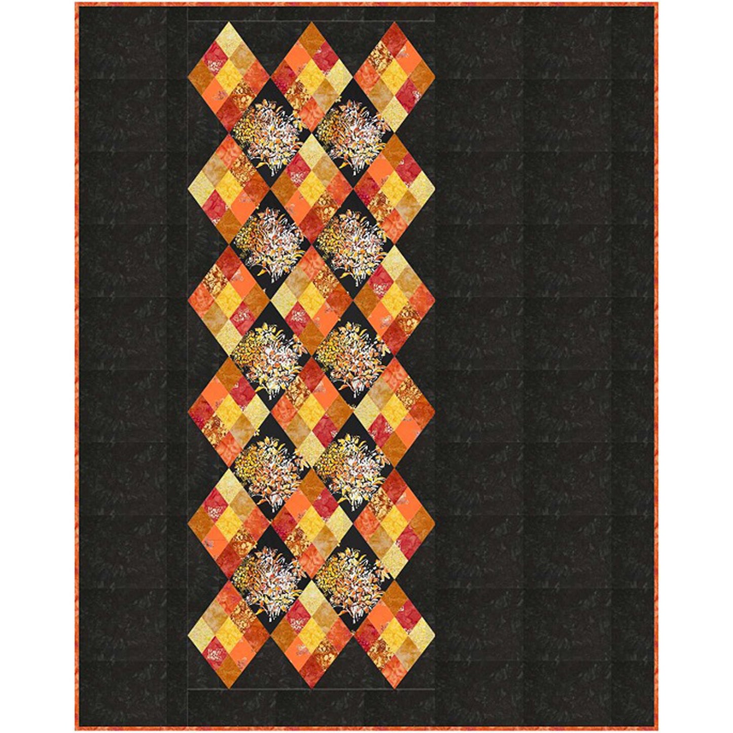 Vibrant quilt featuring a mix of orange, yellow, and black squares, ideal for adding a pop of color to any room.