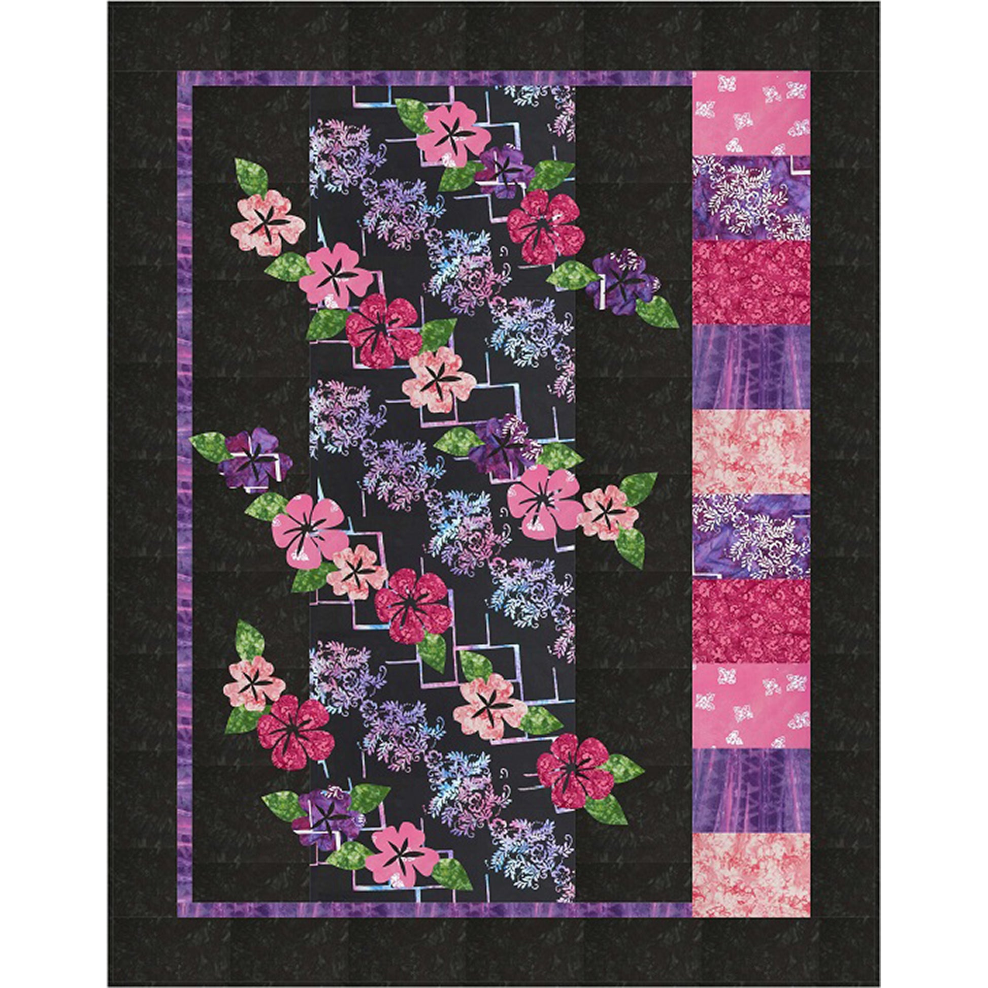 Floral quilt with appliqued flowers in pinks and purple over a lattice fabric with bright colored blocks to the right which all pop because of black background color.