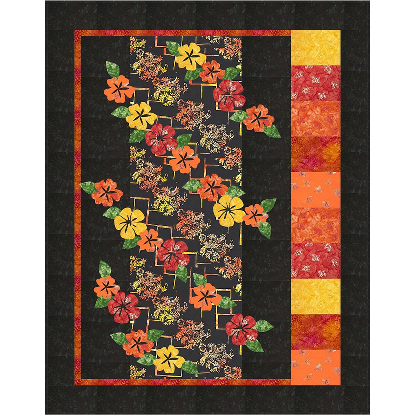 Floral quilt with appliqued flowers in yellows and orange over a lattice fabric with bright colored blocks to the right which all pop because of black background color.