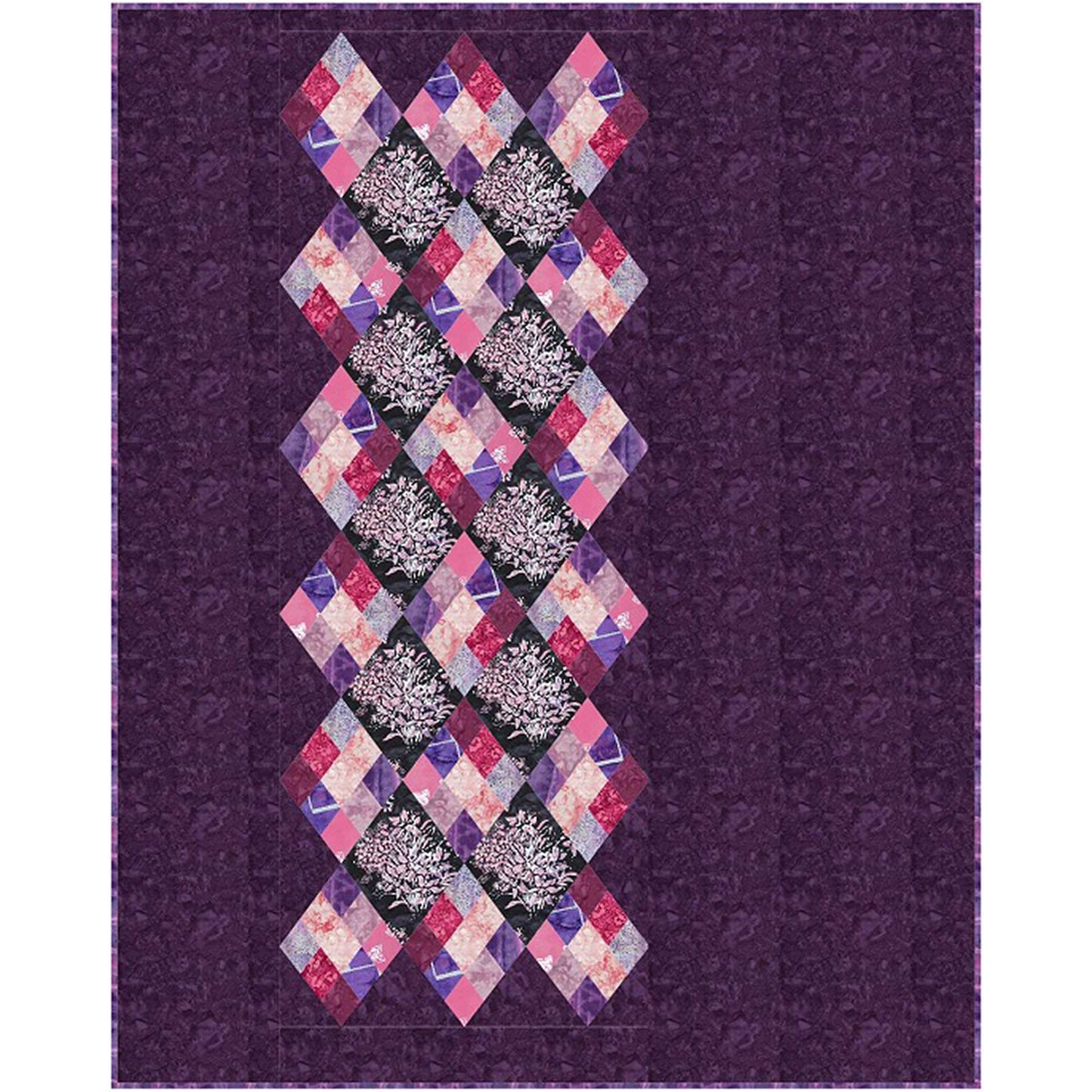 Colorful quilt with purple and pink diamond pattern on a purple background.