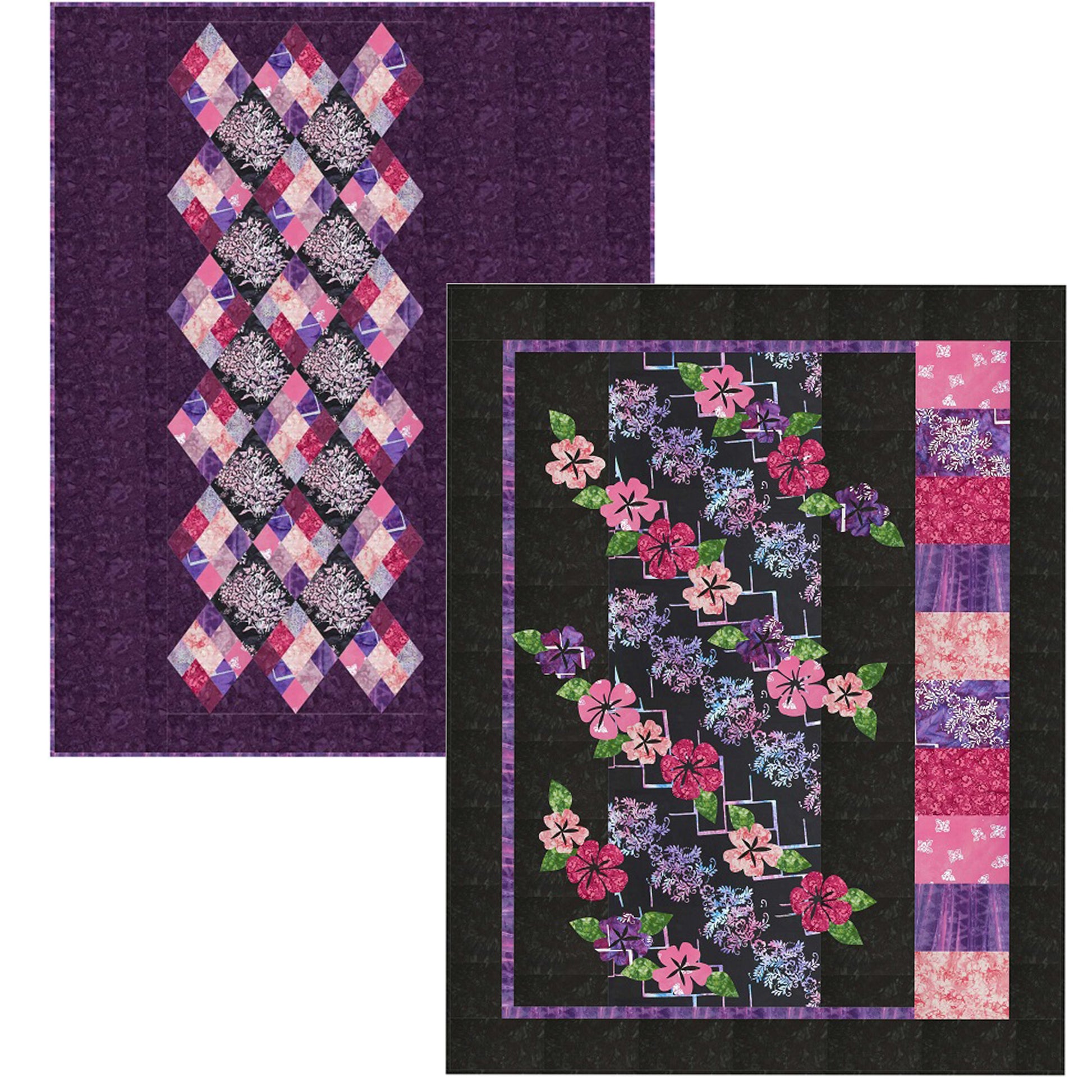 2 Quilts shown.  On left is: Colorful quilt with purple and pink diamond pattern on a purple background.  On right is: Floral quilt with appliqued flowers in pinks and purple over a lattice fabric with bright colored blocks to the right which all pop because of black background color.