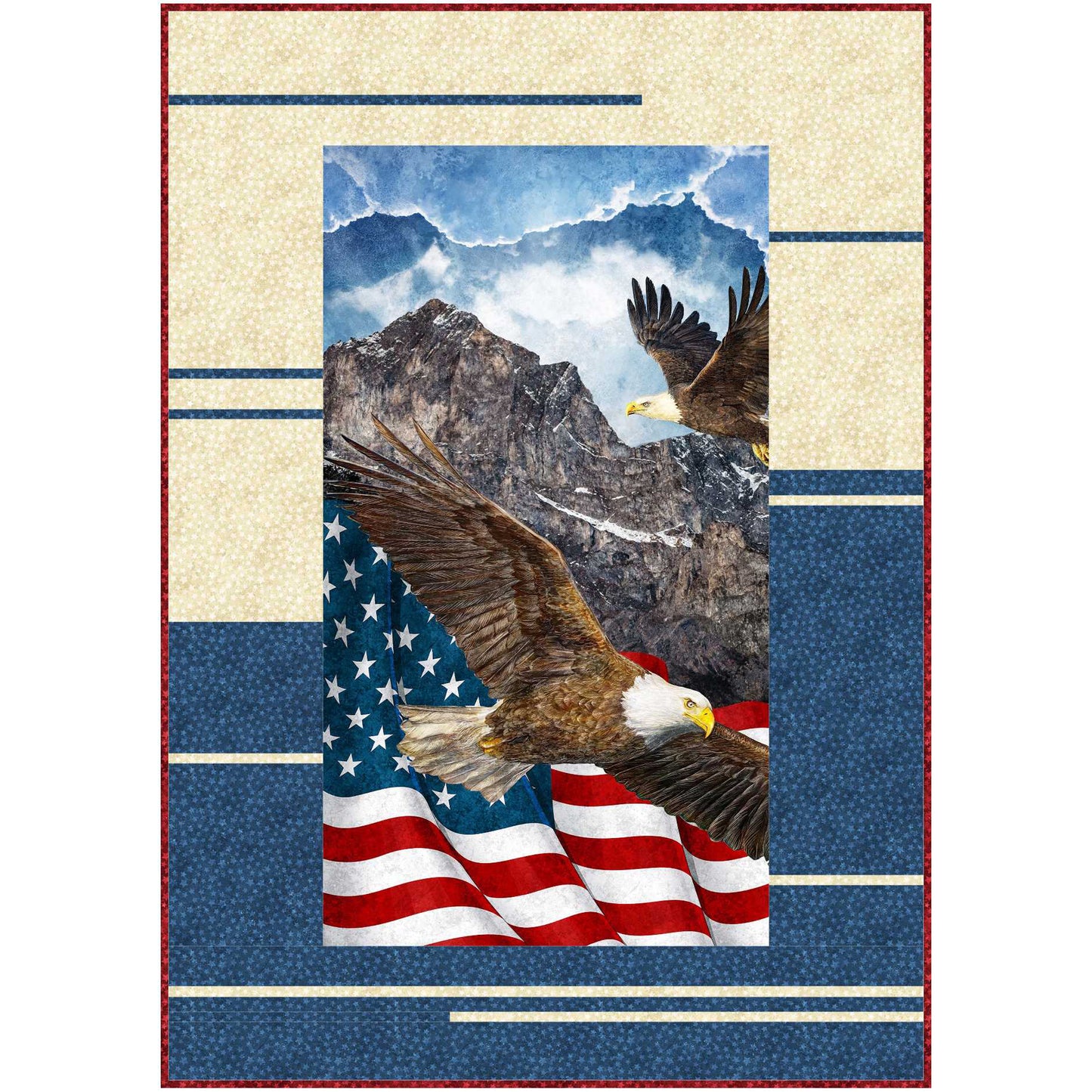 Eagle and American flag quilt featuring patriotic design with red, white, and blue colors and very basic lines to let the image shine.