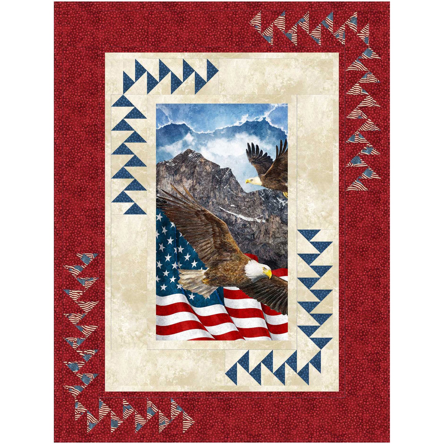 Eagle and American flag quilt featuring patriotic design with red, white, and blue colors and fun triangles pattern on both borders giving it a fun look.