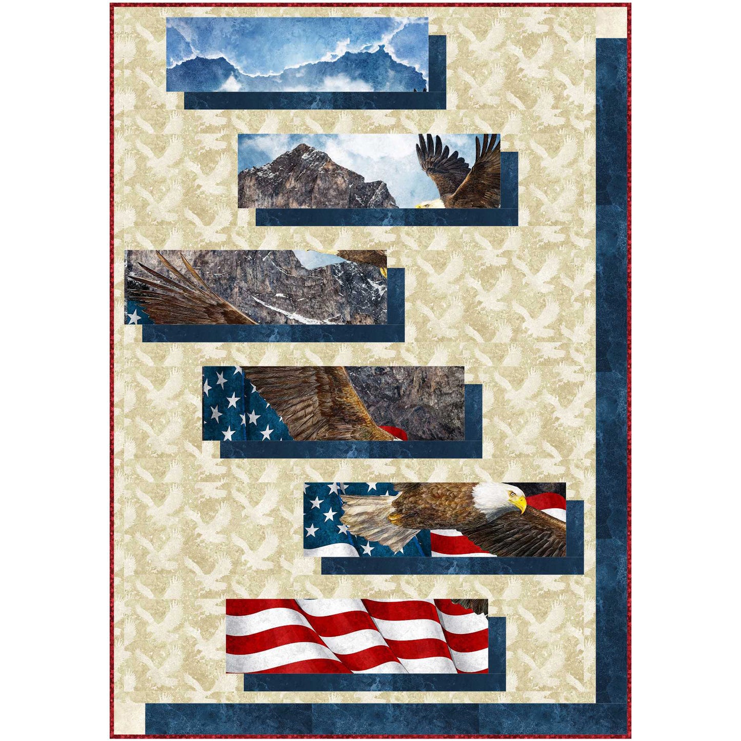 Eagle and American flag quilt features an eagle and flag print cut up with blue fabric below each rectangle to make it look shaded. On cream background fabric with shadows of eagles. Artistic way to showcase a panel image.
