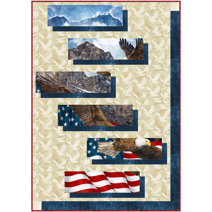 Eagle and American flag quilt features an eagle and flag print cut up with blue fabric below each rectangle to make it look shaded. On cream background fabric with shadows of eagles. Artistic way to showcase a panel image.