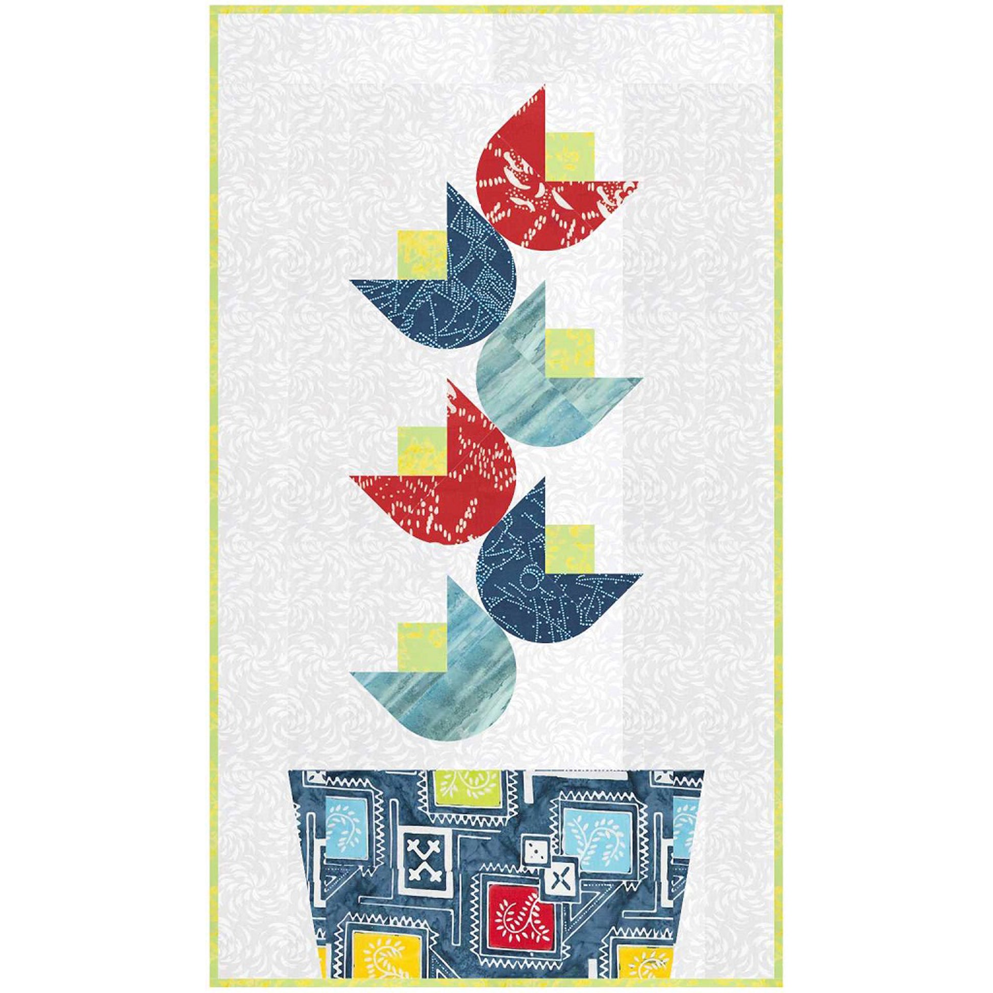 Quilted wall hanging of red and blue flowers in a fun blues with colored patches pot designed fabric and a light gray designed fabric background.
