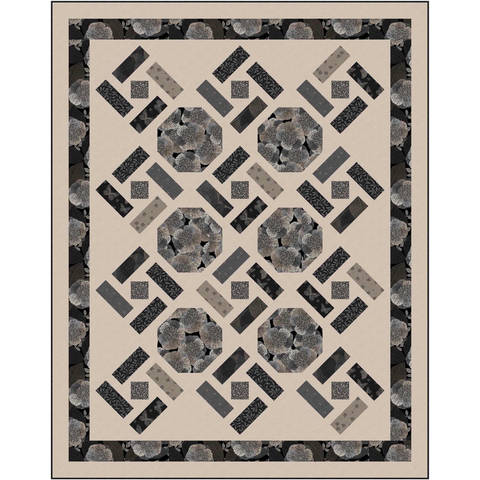 A quilt showcasing a pattern of black and gray hexagons and blocks created by strips of color and a diamond in the middle, adding depth and sophistication to the overall design. Background color is tan.