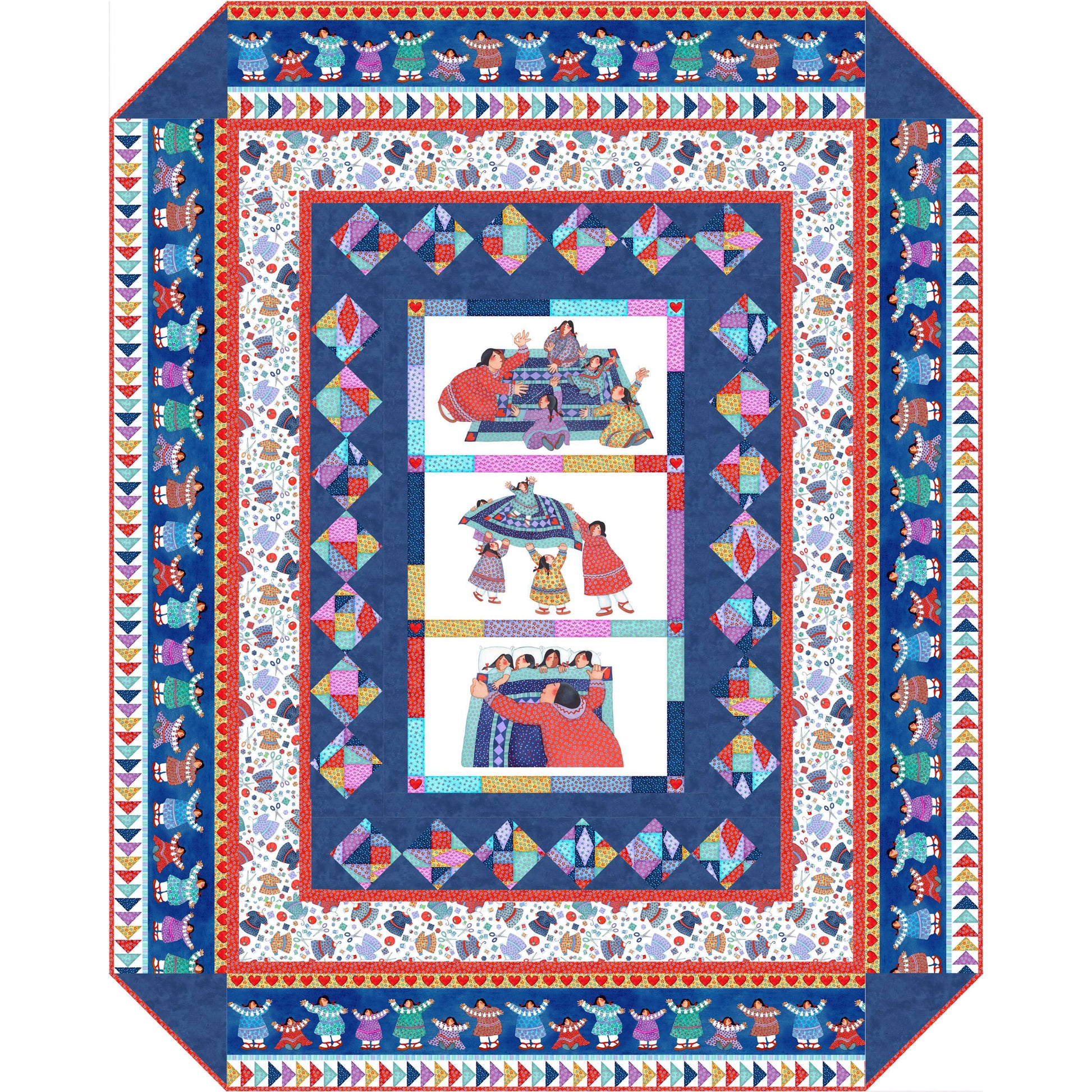 Colorful and fun quilt features panel with three images of mothers and daughter in the middle. Quilt is bordered with colorful diamonds, then fun in between fabric and finished off with row of mothers and daughters and colorful flying geese block border.