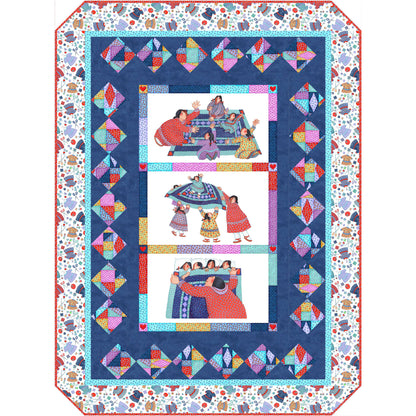 Colorful and fun quilt features panel with three images of mothers and daughter in the middle. Quilt is bordered with colorful diamonds, then a fun fabric showcasing dresses and sewing items.