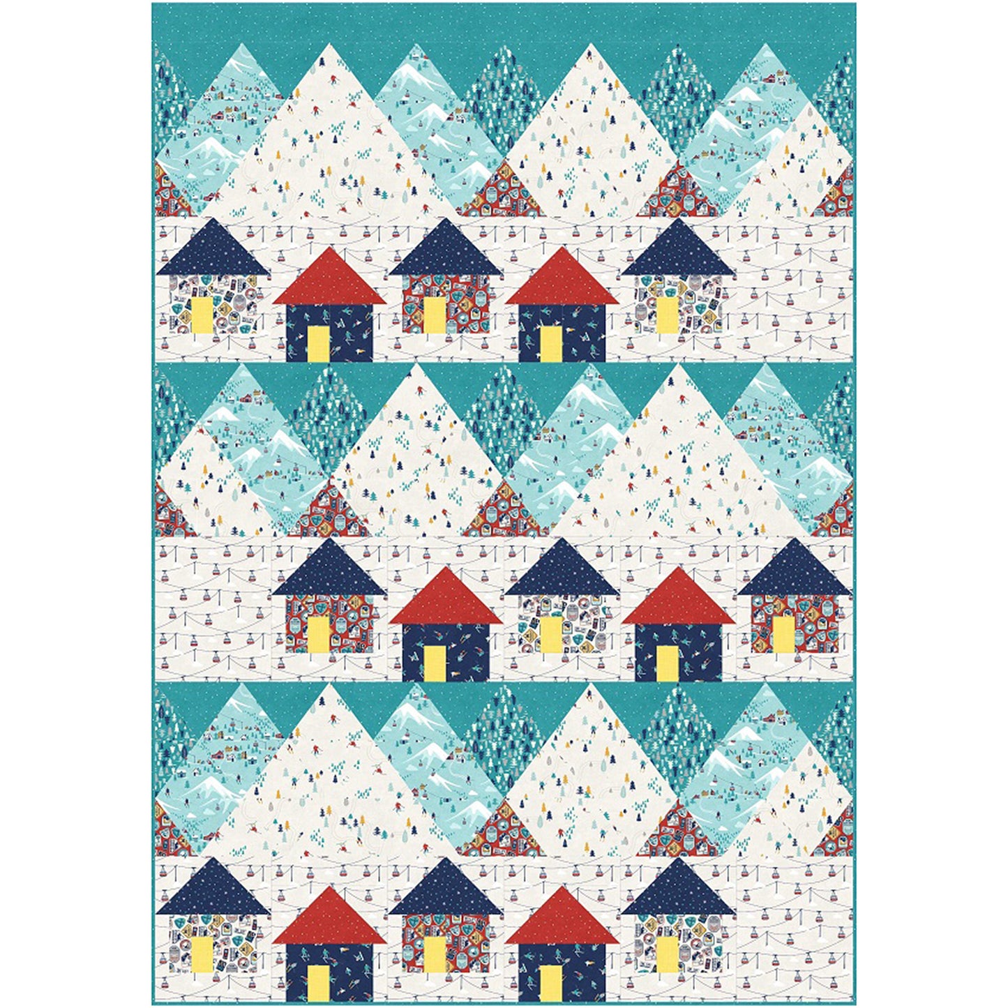 Quilted pattern featuring three rows of charming houses with a background of snowcovered mountains. Mountains in shades of blue, green, and white.