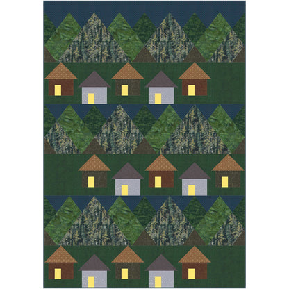 Quilted pattern featuring three rows of charming houses with a background of green and brown mountains. Looks like the perfect camping location.