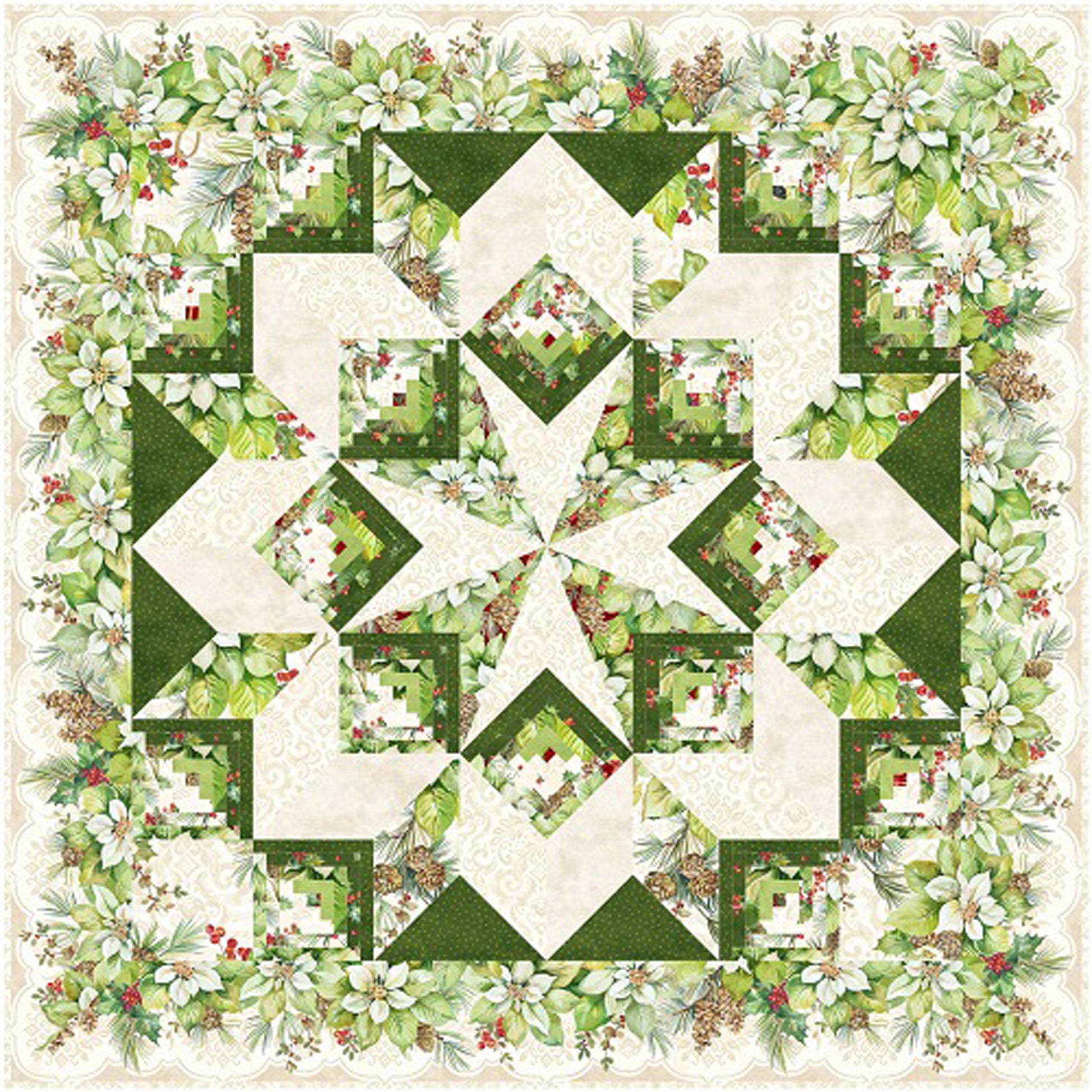 A beautiful quilted star design adorned with green leaves and berries fabric in greens and cream.