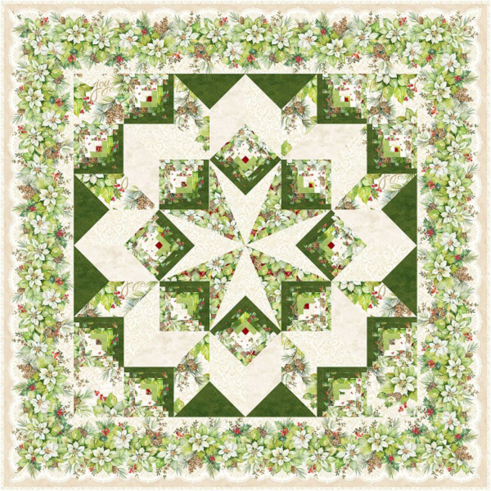 A beautiful quilted star design adorned with green leaves and berries fabric in greens and cream.