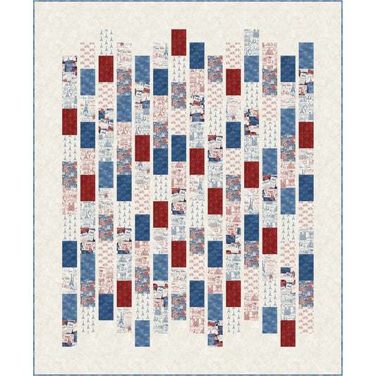 Vibrant quilt with strips of red, white, and blue Paris fabric in different lengths to add extra interest.