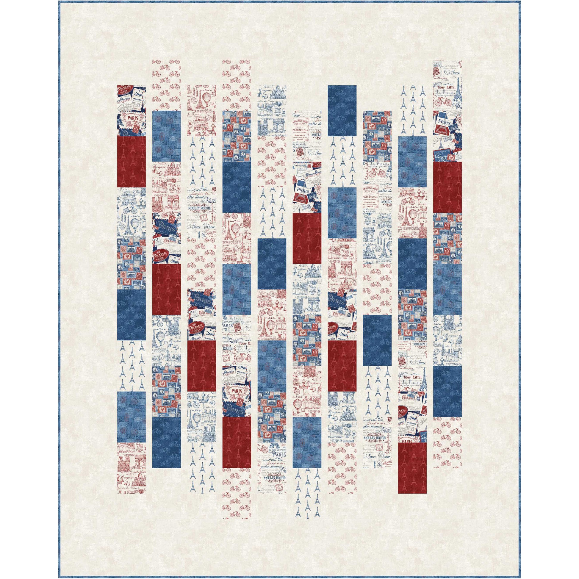 Vibrant quilt with strips of red, white, and blue Paris fabric in different lengths to add extra interest.