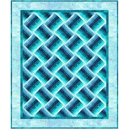 Elegant blues or teals geometric pattern quilt looks a lot like a basket weave at an angle.