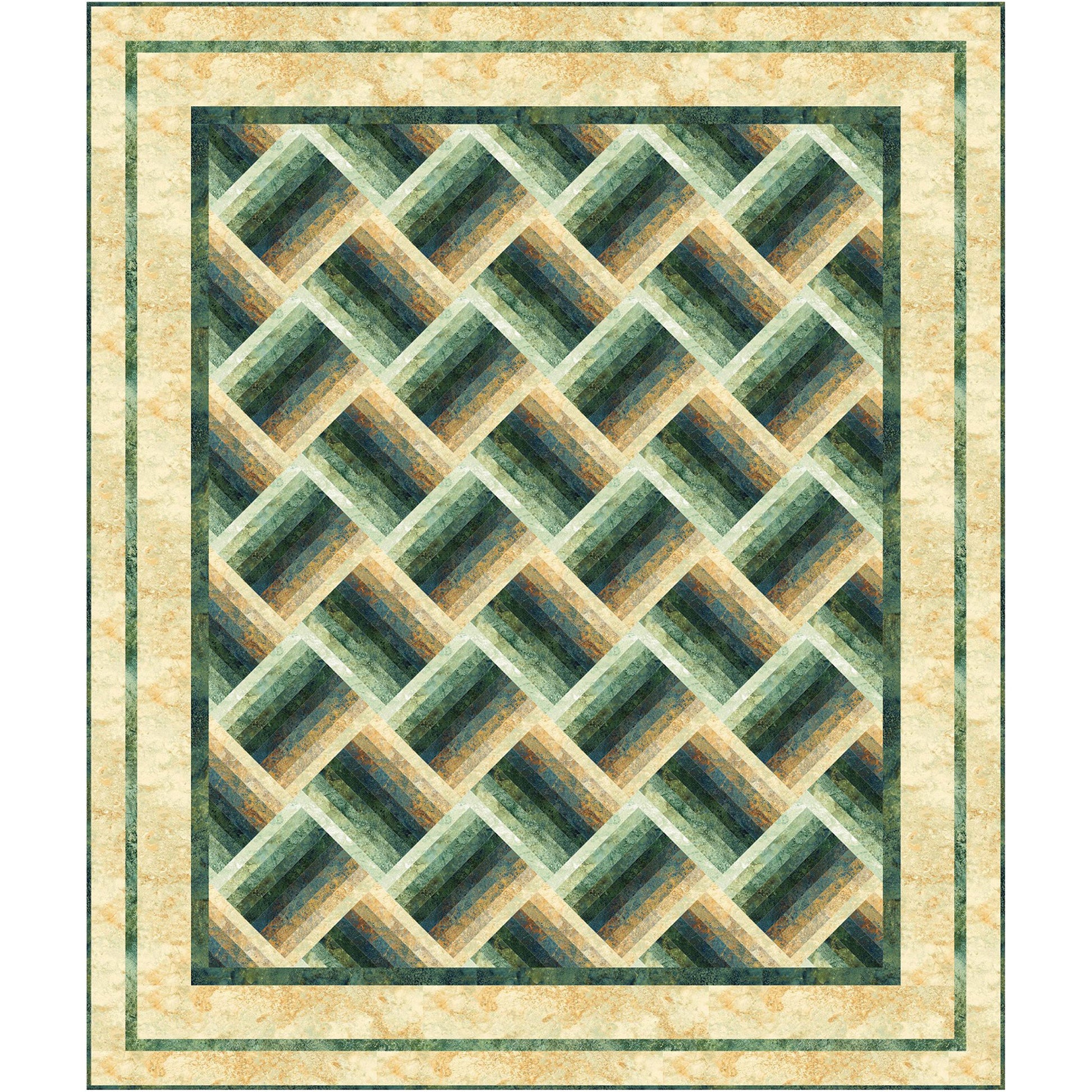 Elegant greens and yellows geometric pattern quilt looks a lot like a basket weave at an angle.