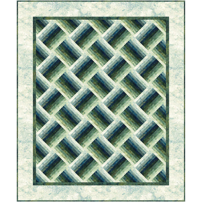 Elegant greens geometric pattern quilt looks a lot like a basket weave at an angle.