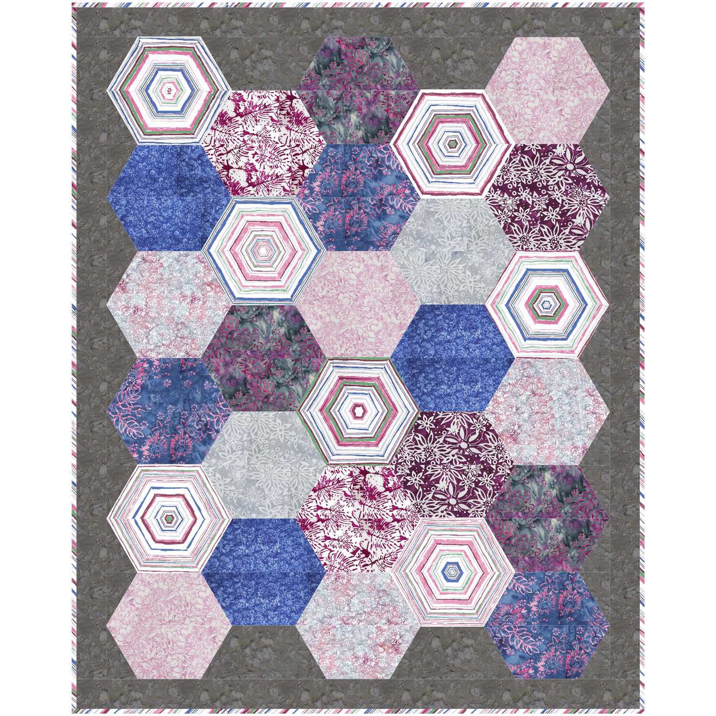 Quilt with purple and pink hexagon design.