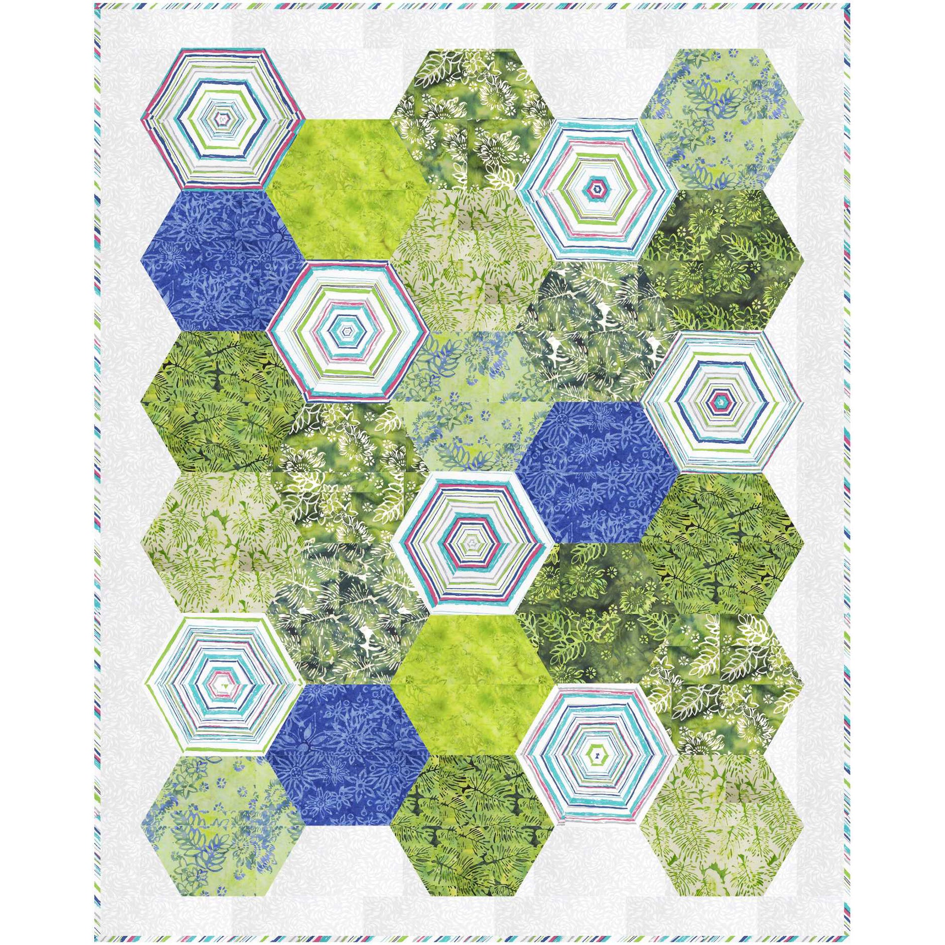 Quilt with blue and green hexagon design.