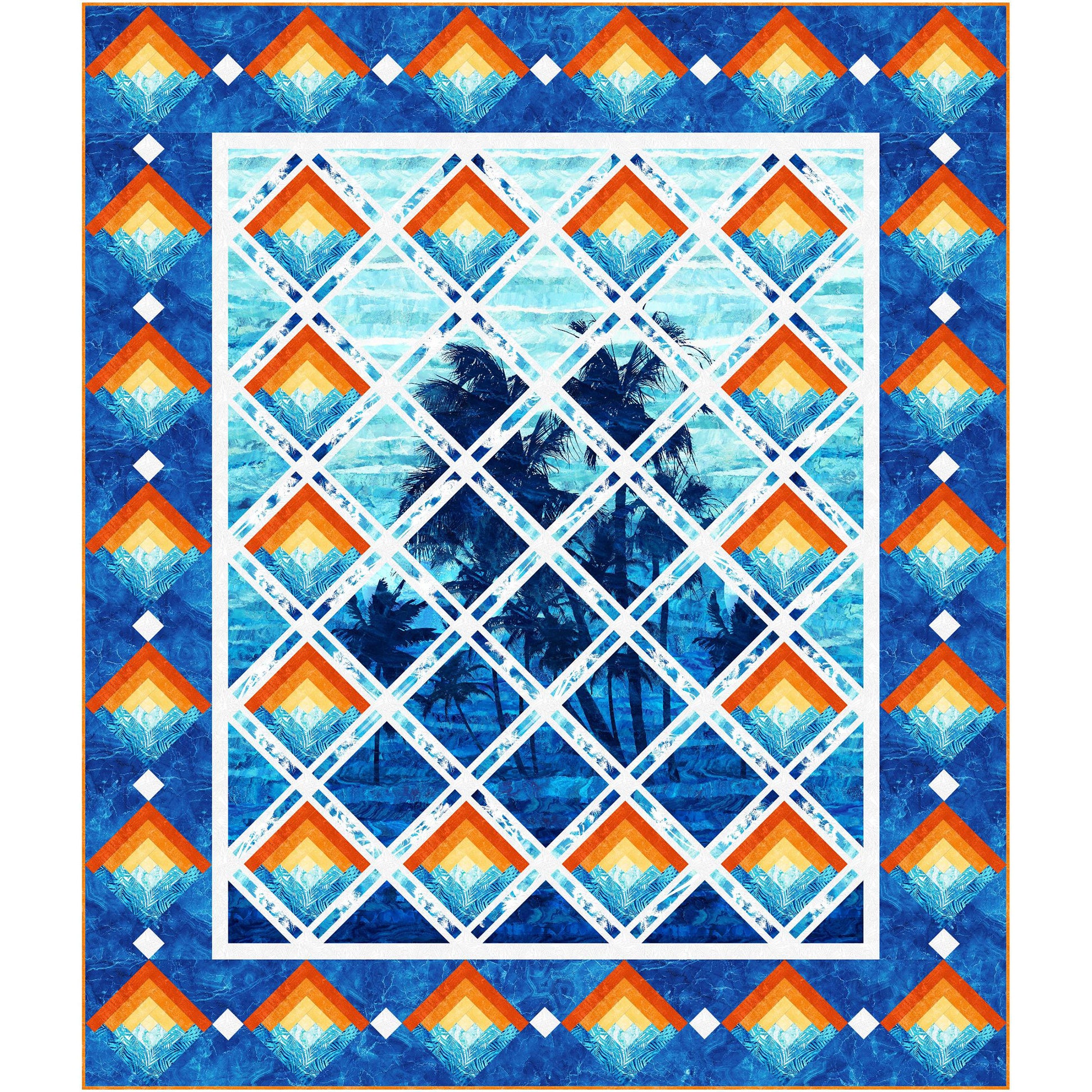 Serene quilt showcasing palm trees against a serene blue sky cut up so looks like seen through diamond panes with sunset log cabin blocks on the sides. In shades of blue with orange yellow for sunset look on log cabin blocks.