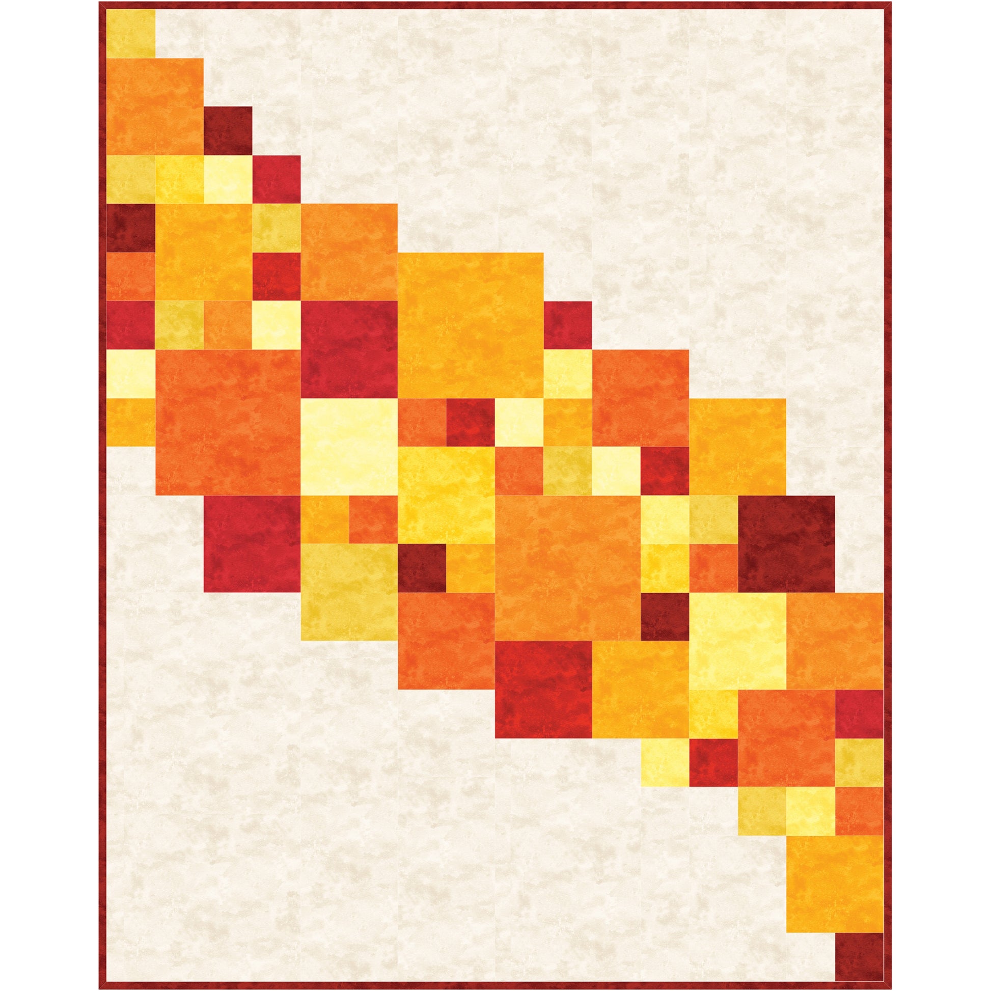 A colorful quilt with red, yellow, and orange squares.