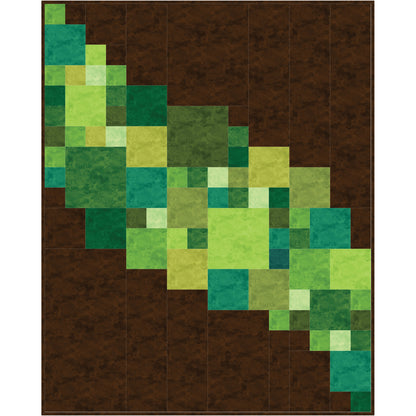 A colorful quilt with green squares on brown background.