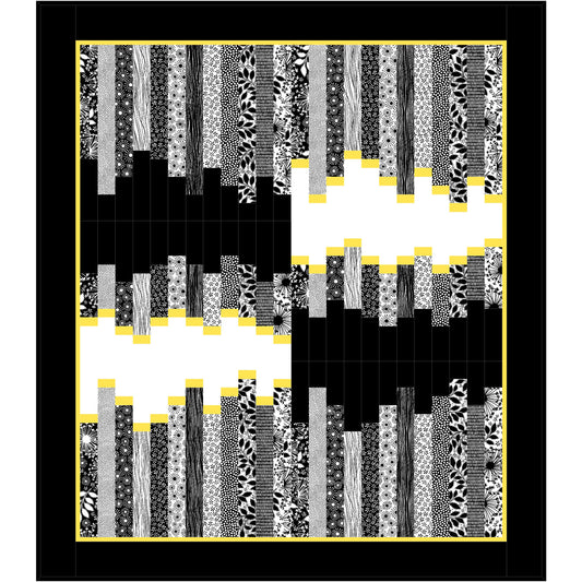 Black and white striped quilt with a yellow pop color.
