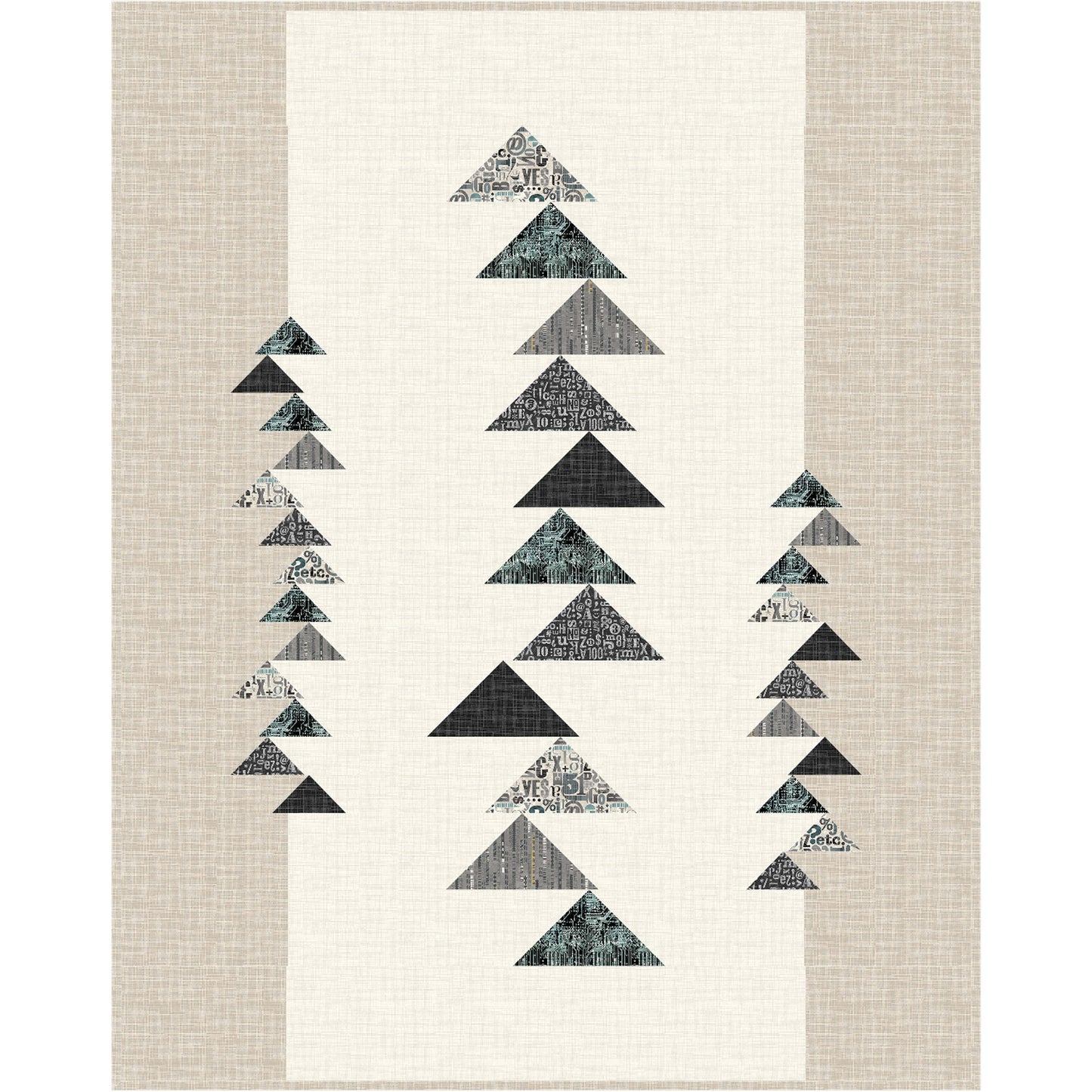 A quilt with colorful triangles with background of cream in the middle and tan on right and left.