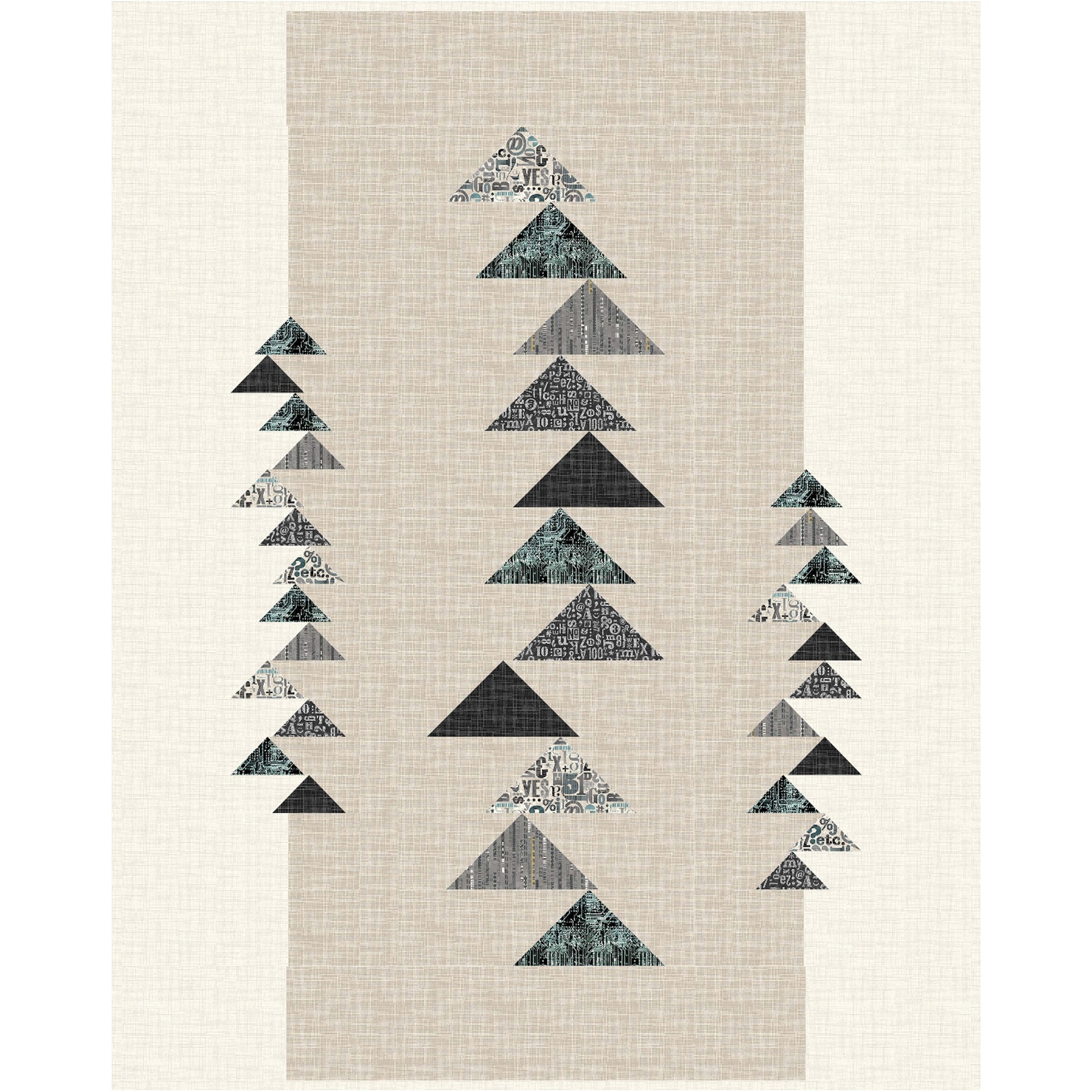 A quilt with colorful triangles with background of tan in the middle and cream on right and left.